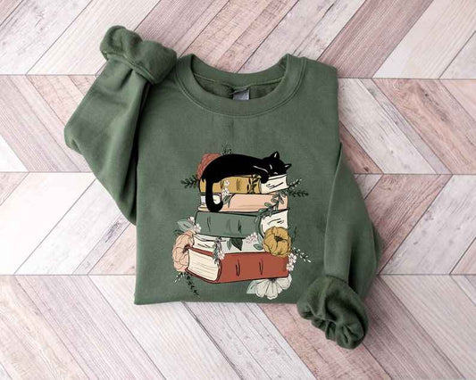 Cat Book Sweatshirt, Books and Cats Hoodie, Reading Shirt, Cat Lover T-Shirt, Gift for Cat Lover, Gift for Book Lovers, Book, Bookish Shirt - Haien R Clothes