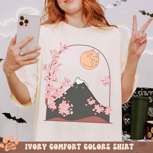 Cat Meowntain Comfort Colors Shirt, Cat Mountain Tee, Japanese Cat T-shirt, Cute Cat And Sakura Doodle Shirt, Cat Graphic Unisex T-Shirt - Haien R Clothes